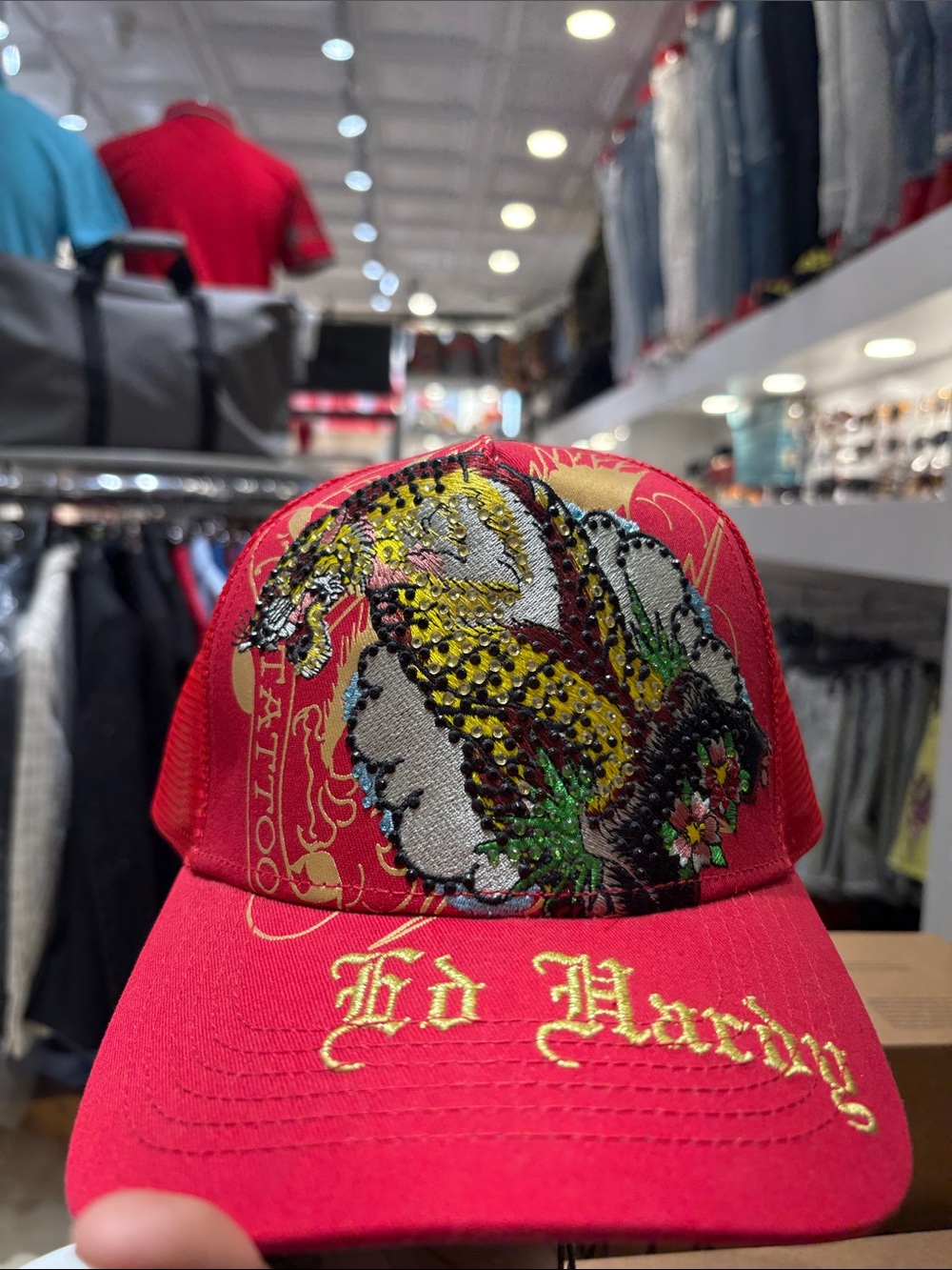 Ed Hardy Red Trucker Hat with Embroidered Dragon